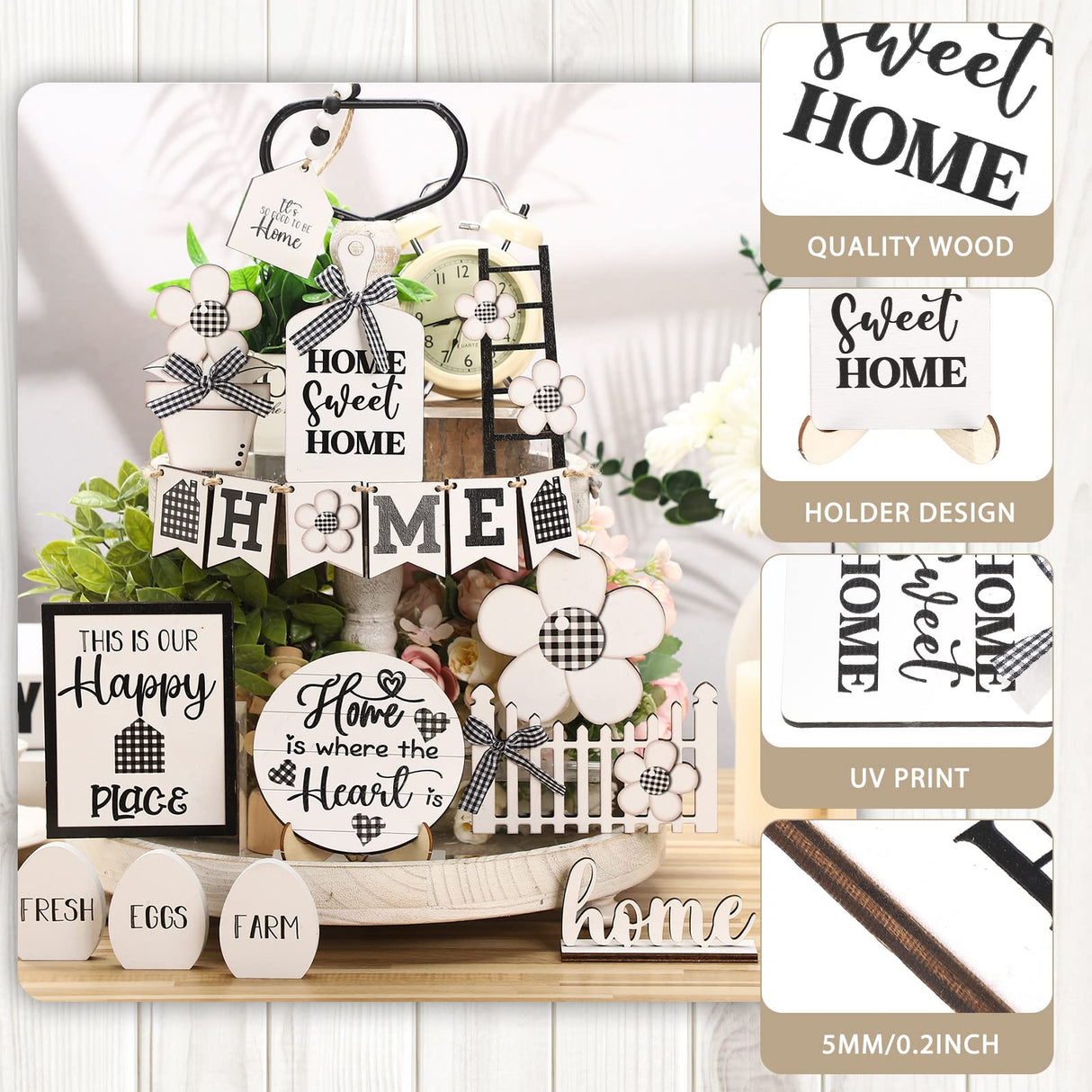 Tatuo 18 Pcs Farmhouse Tiered Tray Decor Set Home Wooden Signs Rustic Home Tiered Tray Decorations Buffalo Plaid Farmhouse Tabletop Wood Signs for Kitchen Table Shelf Decor Tatuo