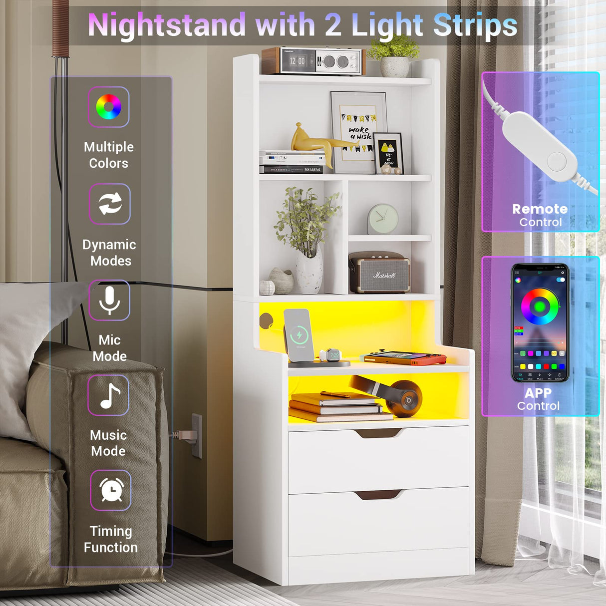 BTHFST Modern LED Tall Nightstand with Charging Station and Bookshelf in White BTHFST