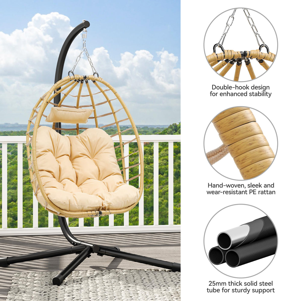YITAHOME Egg Chair Swing Hanging Outdoor Wicker Hammock Chairs Indoor with Steel Stand UV Resistant Cushion 330lbs for Patio, Bedroom, Garden and Balcony - Beige YITAHOME