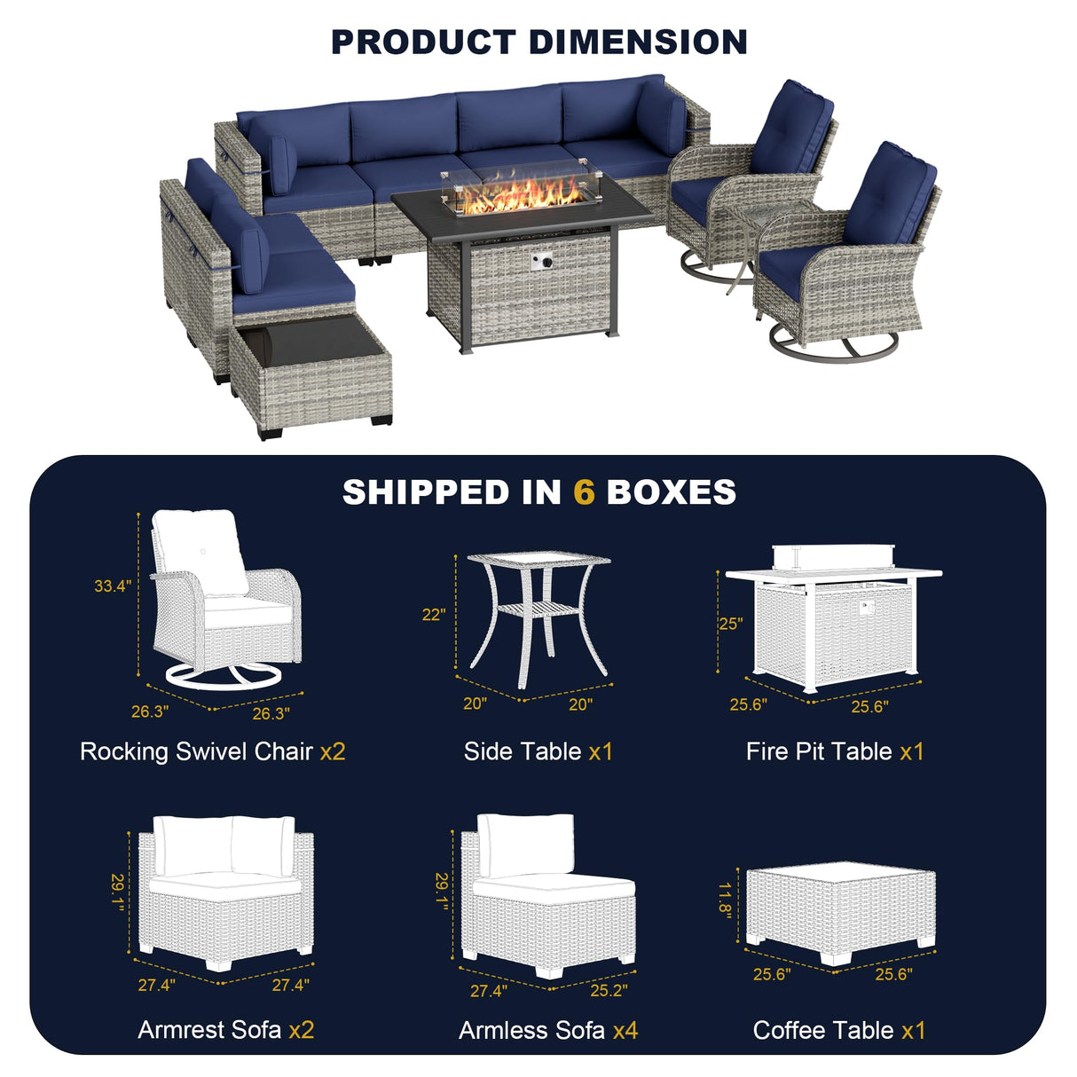 Muphyers 11-Piece Outdoor Patio Furniture Set with Rocking Swivel Chair, Wicker Rattan Sectional Sofa Conversation Set with 55,000 BTU Fire Pit Table, Backyard Furniture, Navy Blue Muphyers