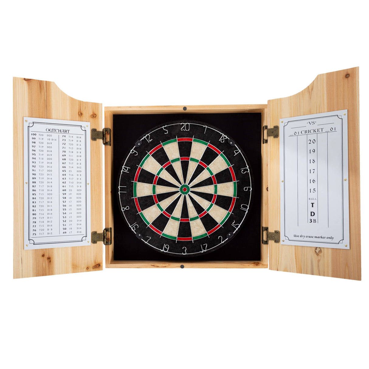 Dart Board Cabinet Set - Solid Pinewood Cabinet with 6 Metal-Tip Darts and Dry Erase Scoreboard - Bar Decor for Home by Trademark Games Trademark Games