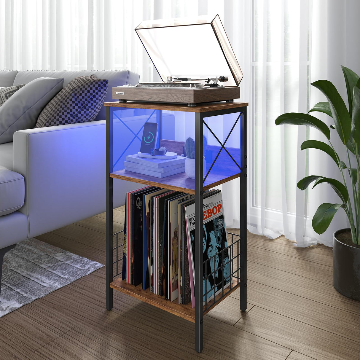3 Tiers End Table with Charging Station, LED Side Table Turntable Stands for Vinyl Storage, Records Shelf for Albums, Vinyl Shelf Record Player Table for Living Room, Bedroom Rustic Brown WoodArtSupply