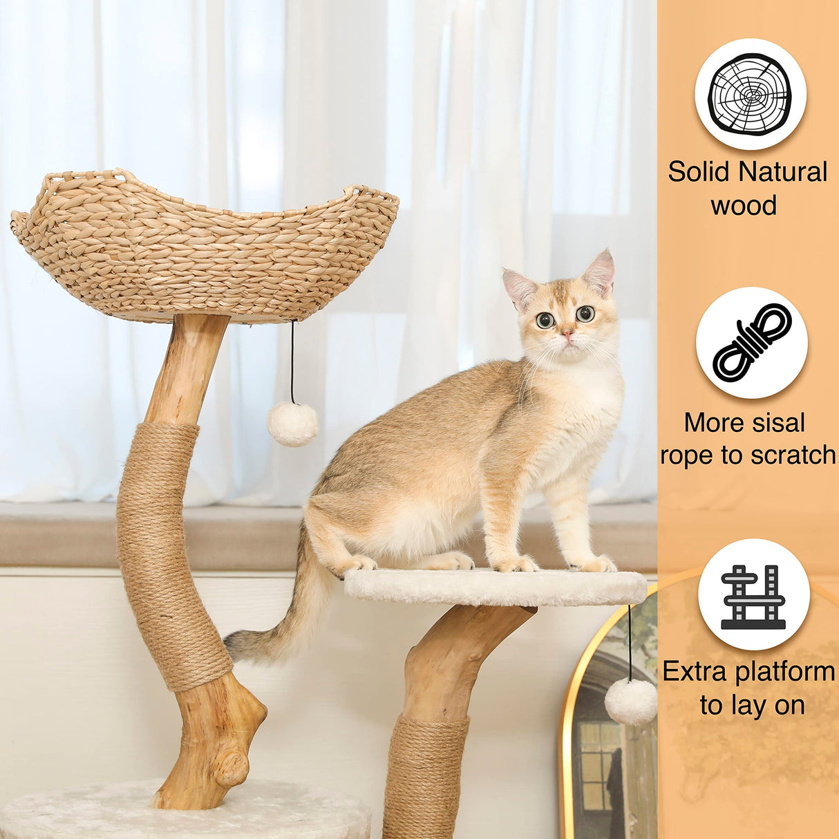 KONELCARE Modern Cat Tree for Indoor Small Cats - Real Wood Cat Tower with Scratch Post, Hiding Enclosure - Unique, Boho,White KONELCARE