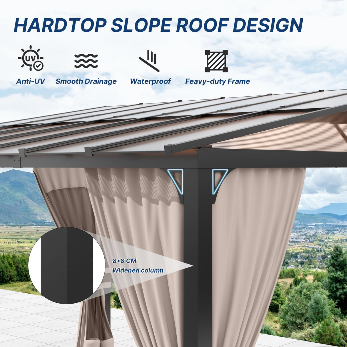 Gotland 10FTx12FT Outdoor Wall-Mounted Hardtop Pergola, Metal Frame Gazebo with Sloping Sun Panel Roof and Double Curtains for Patio, Garden, Lawn, Khaki Gotland