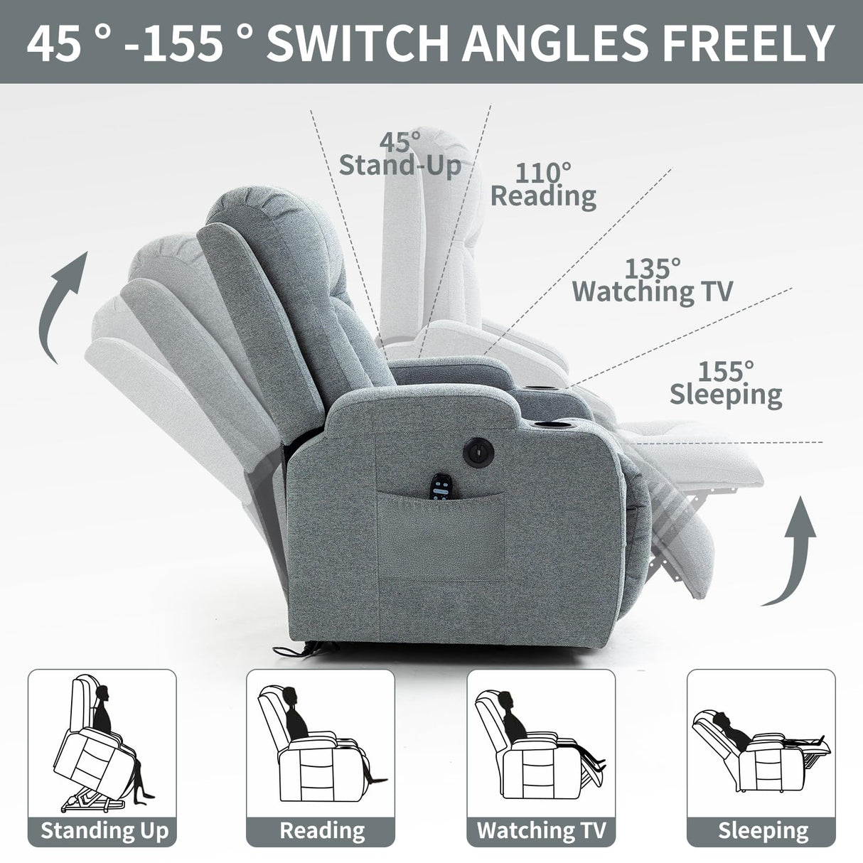 PELUMY Manual Lift Recliner Chair for Elderly with Massage & Heat, Oversized Heavy Duty 350 lbs Recliner with Cup Holders & USB Ports, Infinite Positioning Lift Chair for Adults (Linen Fabric, Grey) PELUMY