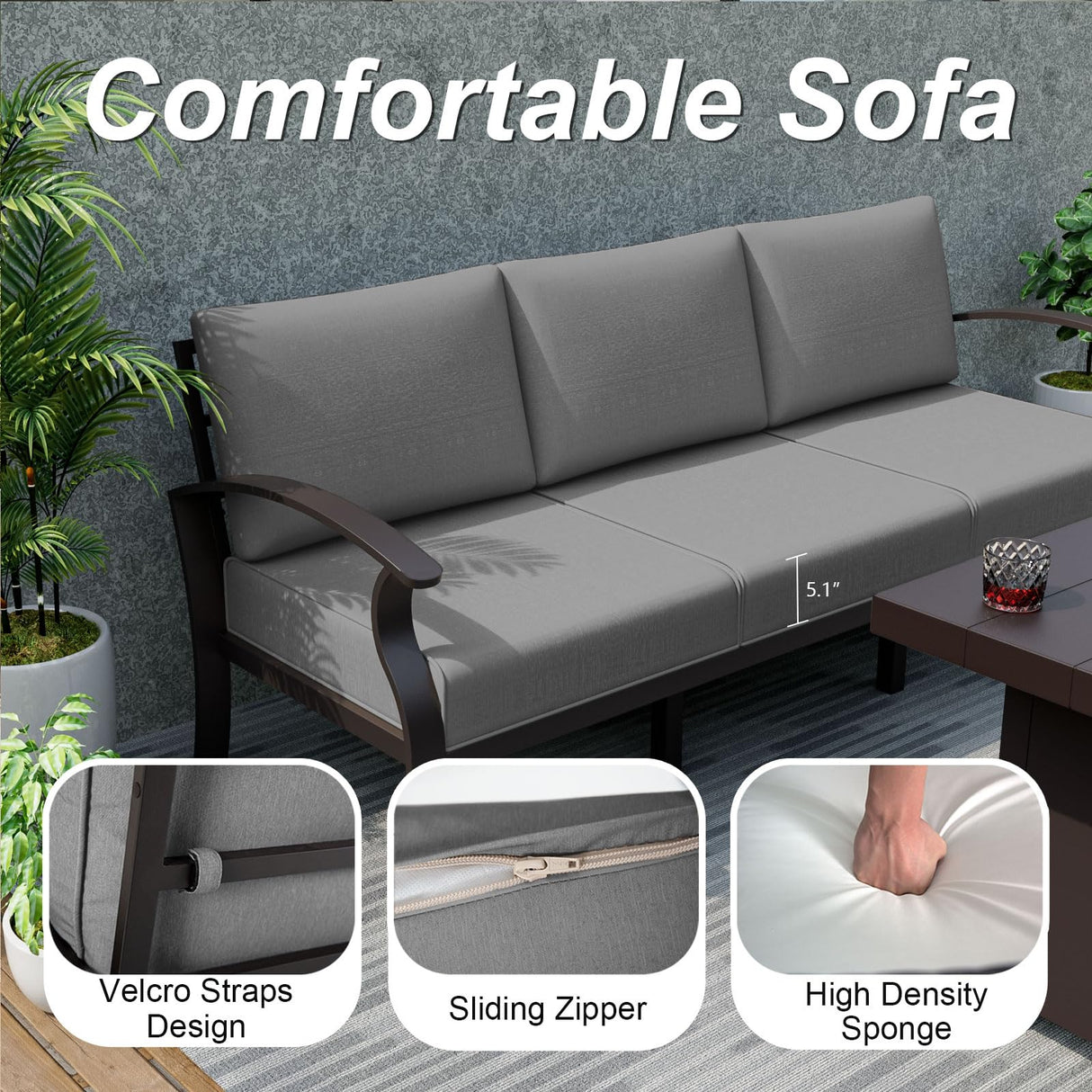 ALAULM Aluminum Patio Furniture Set with Propane Fire Pit Table 5-seat Metal Outdoor Furniture w/Fire Pit Patio Sectional Sofas w/5.2" Cushions for Patio, Backyard, Poolside-Grey ALAULM