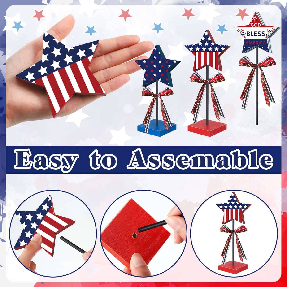3 Pcs 4th of July Stars Decoration Patriotic Centerpieces Wooden Standing Star Block Memorial Day Decoration Rustic Independence Day Centerpieces for American Festival Home (Bright Style) Amyhill