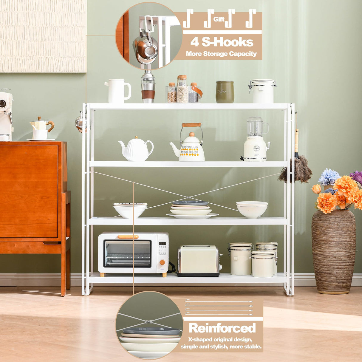 HCHQHS Bookshelf, 4-Tier Industrial Bookcase, White Open Book Shelf, Freestanding Tall Bookshelves with Metal Frame HCHQHS