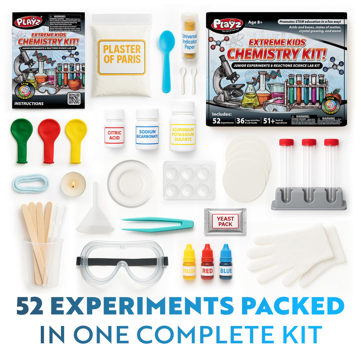 Playz Extreme Chemistry Set – 52 Unique Experiments, Science Kits for Kids Age 8-12, Lab Gear, Volcano Project, Learning Tools, Fair Activity, Discovery Gift, STEM Toys for Boys and Girls Playz