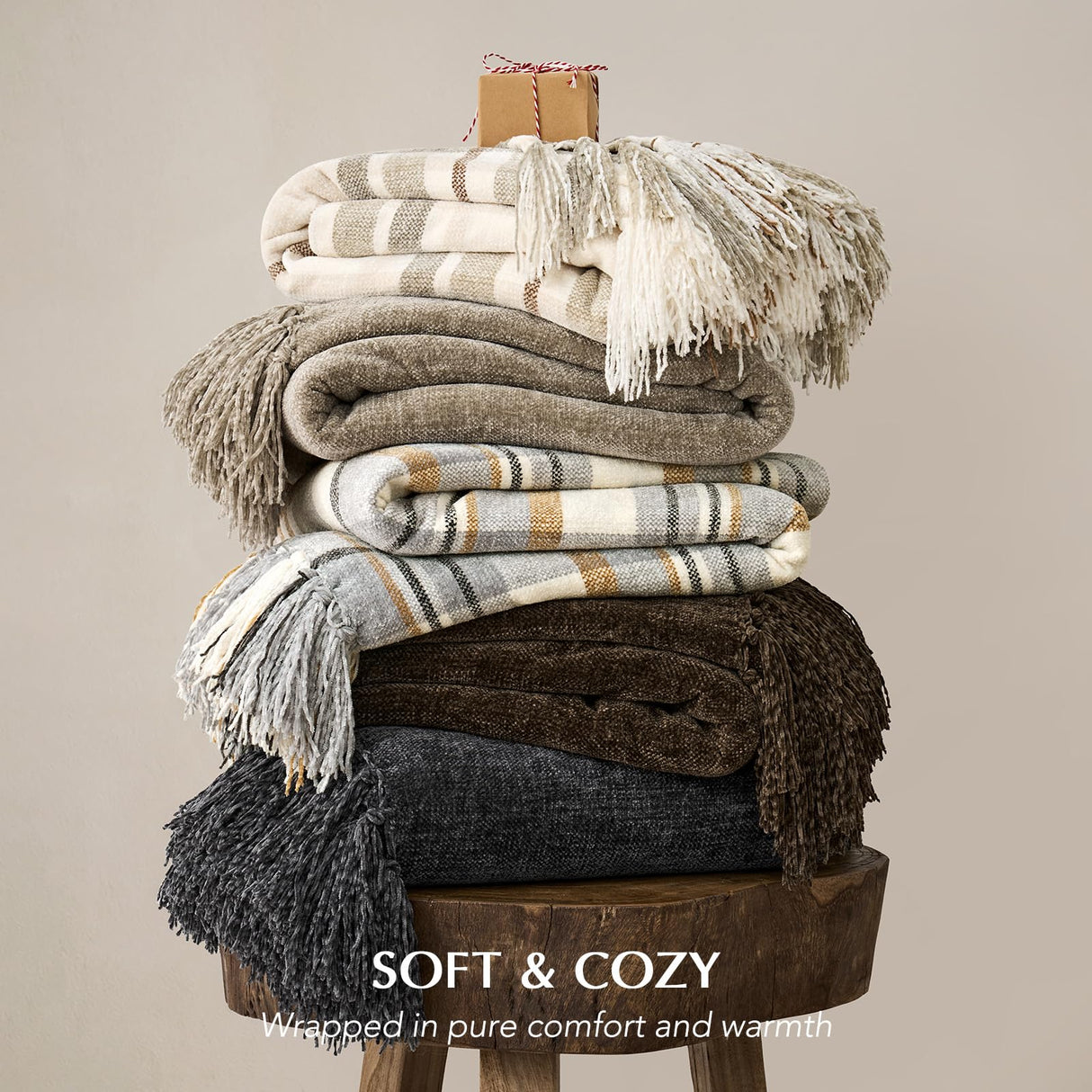 EVERGRACE Plaid Chenille Throw Blanket for Couch, Super Soft Cozy Decorative Farmhouse Plaid Throw with Tassels, Lightweight Chenille Knit Throw for Bed Sofa Gift Home Decor, Grey & Beige 50"x60" EverGrace