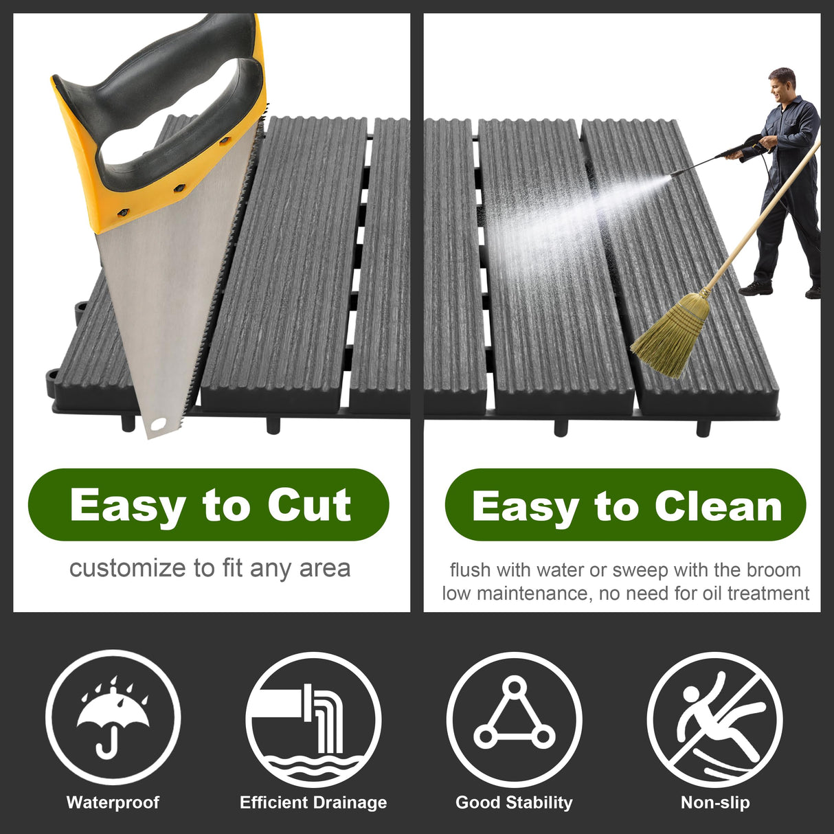 PrimeZone 27 PCS Plastic Interlocking Patio Deck Tiles - 12" x 12" Waterproof Indoor Outdoor Flooring, Patio Floor Decking for Balcony, Backyard, Garden & Poolside, All Weather Use, Dark Grey PrimeZone