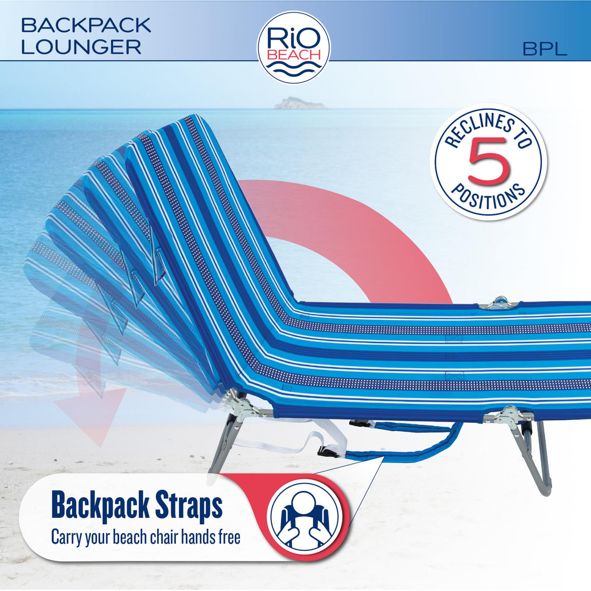 Rio Beach Portable Lay Flat Folding Backpack Beach Lounge Chair with Backpack Straps and Storage Pouch, Blue and Red Rio Brands