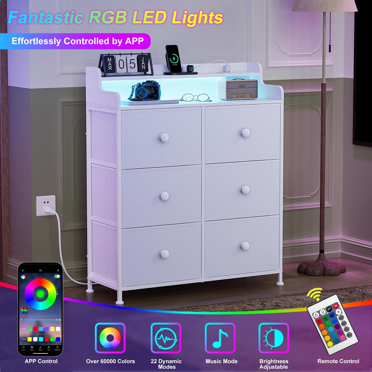 REAHOME Dresser for Bedroom with Charging Station and LED Lights, 6 Drawers Dresser TV Stand with Wooden Top, Tall Fabric Chest of Drawer with Sturdy Frame for Closet, Living Room, Hallway, White REAHOME