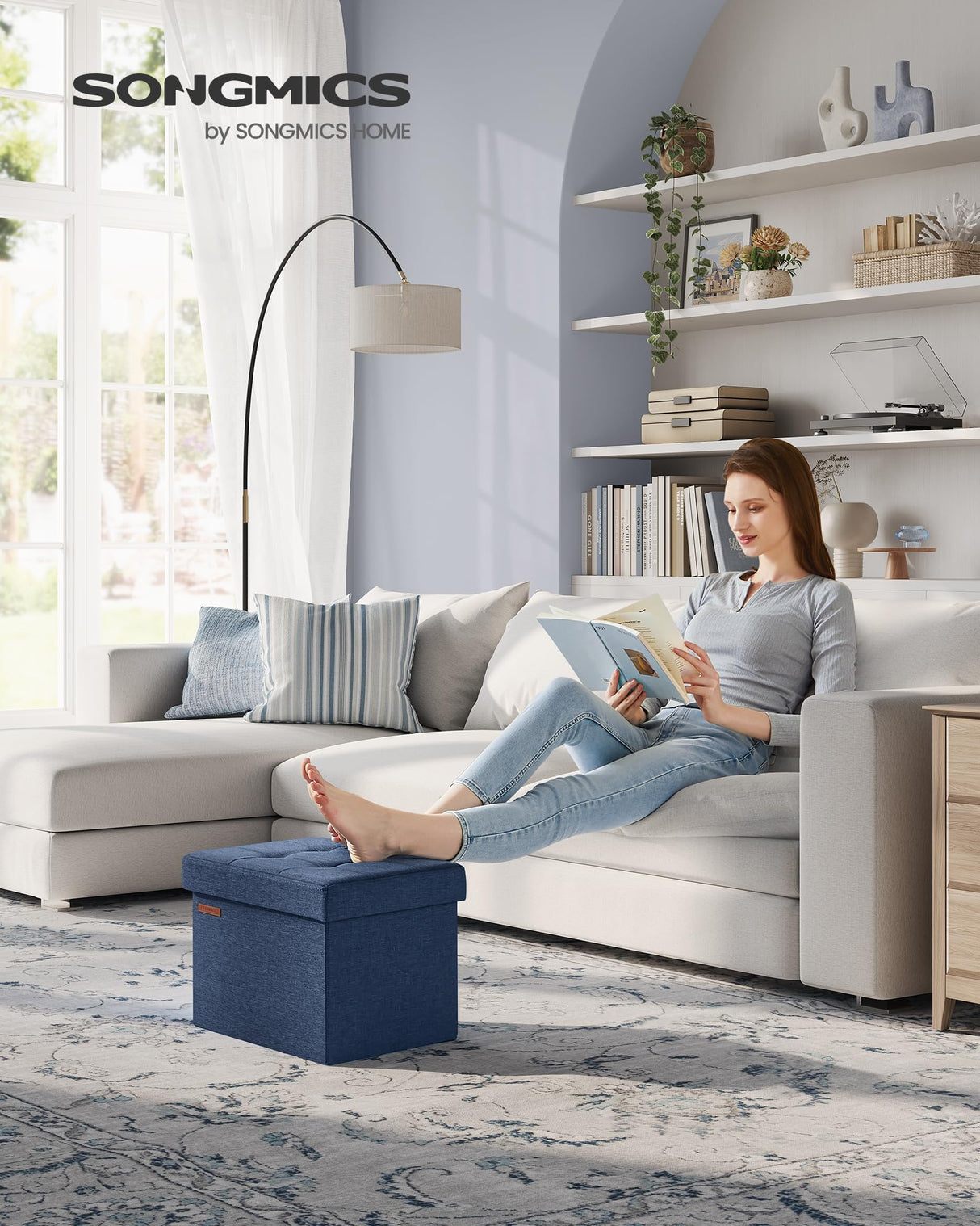 SONGMICS Mazie Collection - Small Folding Storage Ottoman, Foot Rest Stool, 12.2 x 16.1 x 12.2 Inches, 286 lb Load Capacity, for Living Room, Bedroom, Home Office, Dorm, Midnight Blue ULSF102Q02 SONGMICS