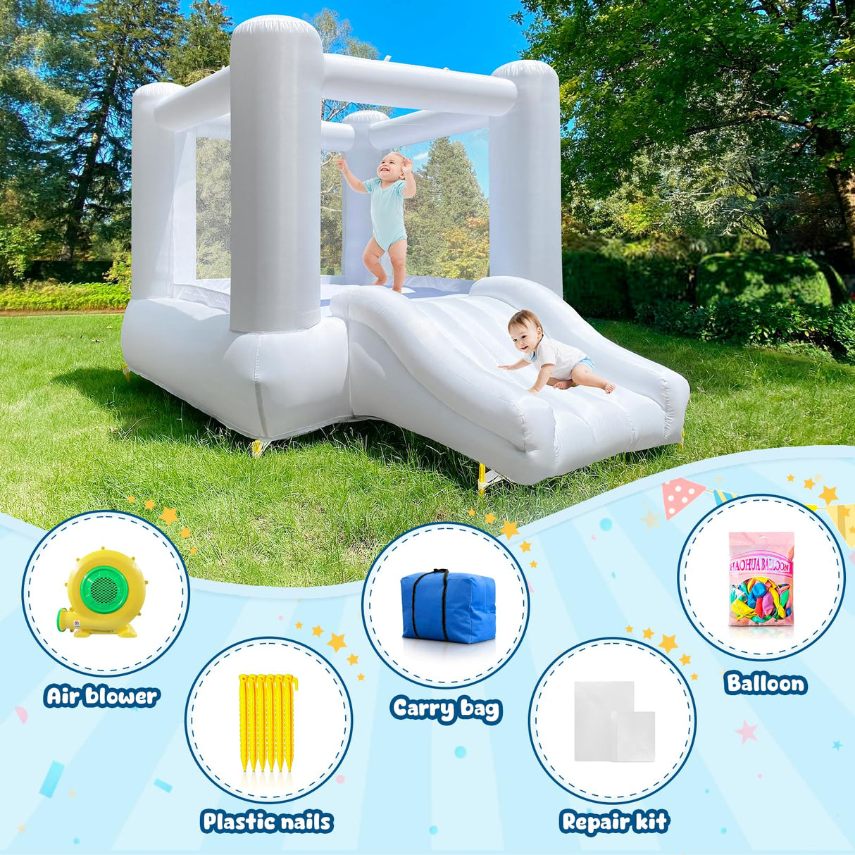 iLink-outer White Bounce House for Kids 2-8 Indoor Outdoor Toddlers Oxford Bouncy Castle with Slide & Blower,103 x 71 x 90 inch Birthday Party Gifts for Halloween Christmas iLink-outer