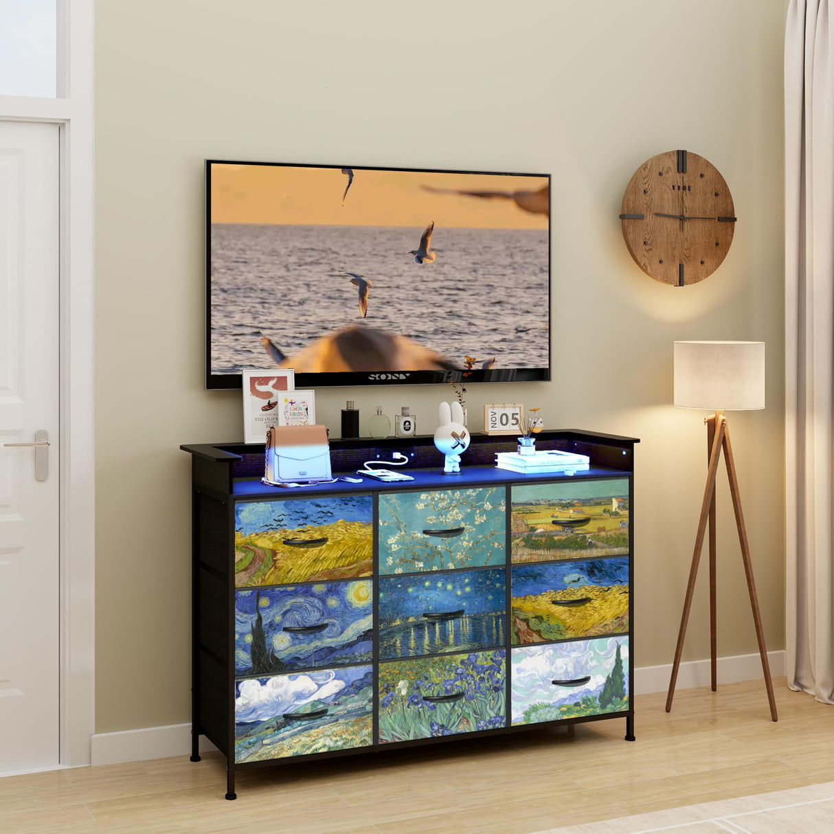 Welfuturer Dresser for Bedroom with 9 Drawers Van Gogh Dressers & Chest of Drawers Fabric Clothes Drawer Fabric Closet Organizer for Living Room Entryway Closet Nursery Sturdy Steel Frame Wood Top Welfuturer