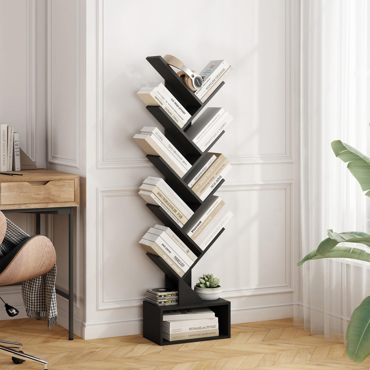 Tajsoon 9-Tier Black Tree Bookshelf with Drawer – Modern Home Storage Solution Tajsoon