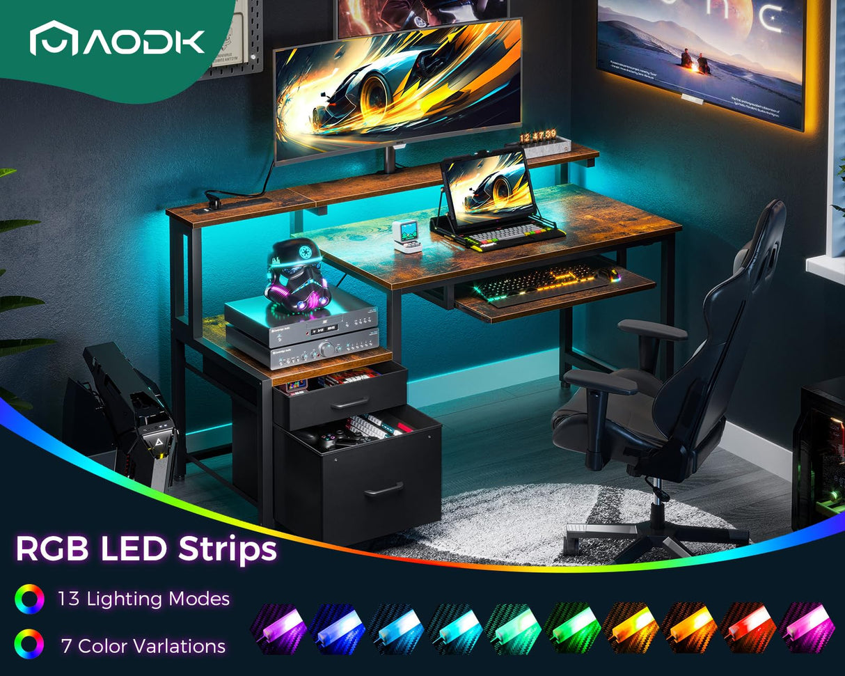 AODK 48" Computer Desk with Fabric File Cabinet and Drawer, Reversible Office Desk with Power Outlet and LED Light, Study Desk with Printer Stand, Keyboard Tray, Monitor Riser and PC Stand, Vintage AODK