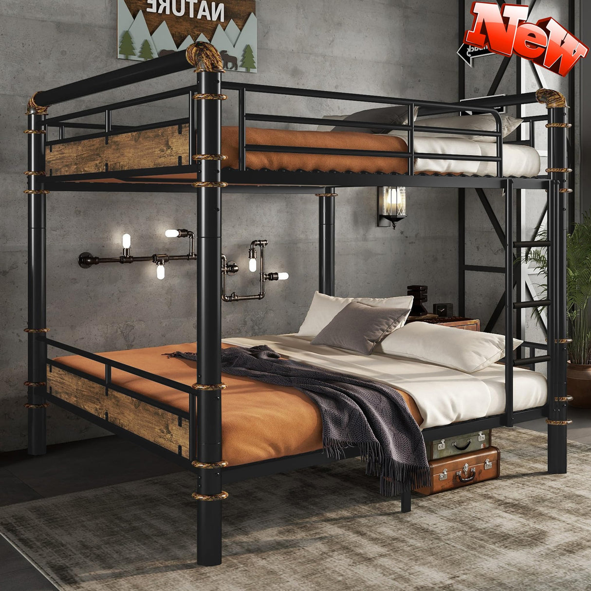 LEEKOUS Upgraded Version Thicken Metal Queen Over Queen Bunk Bed, Best Industrial Style Heavy Duty Queen Size Bunk Bed, Convertible into 2 Beds Wood Board, Water Pipe Design for Adults (Queen) LEEKOUS