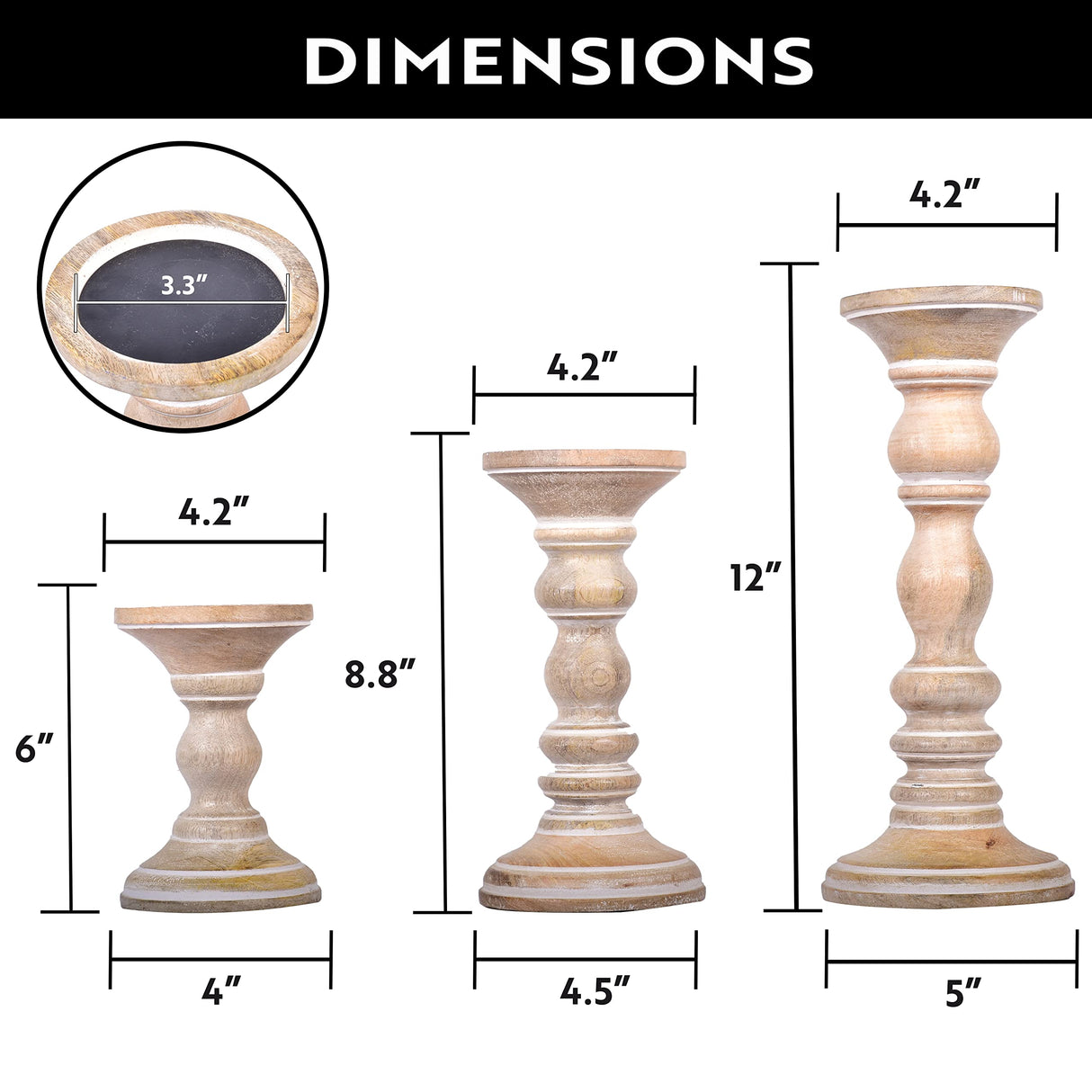 Mela Artisans Whitewash Wood Candle Holders for Pillar Candles Set of 3 | Willow Decor Style for Mantles | White Mango Wood Farmhouse Candle Holders | Rustic Wooden Candleholder | Sized 6", 9" and 12" Mela Artisans