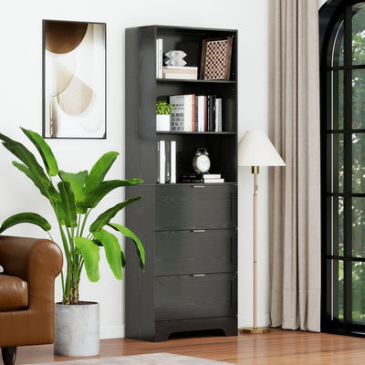 FTZxHKLX Modern Black Bookshelves and Bookcases with Drawers, 6 Tier Tall Bookshelf with Drawers, Industrial Wood Bookcase, Floor Standing Display Case with Storage,Living Room,Office
