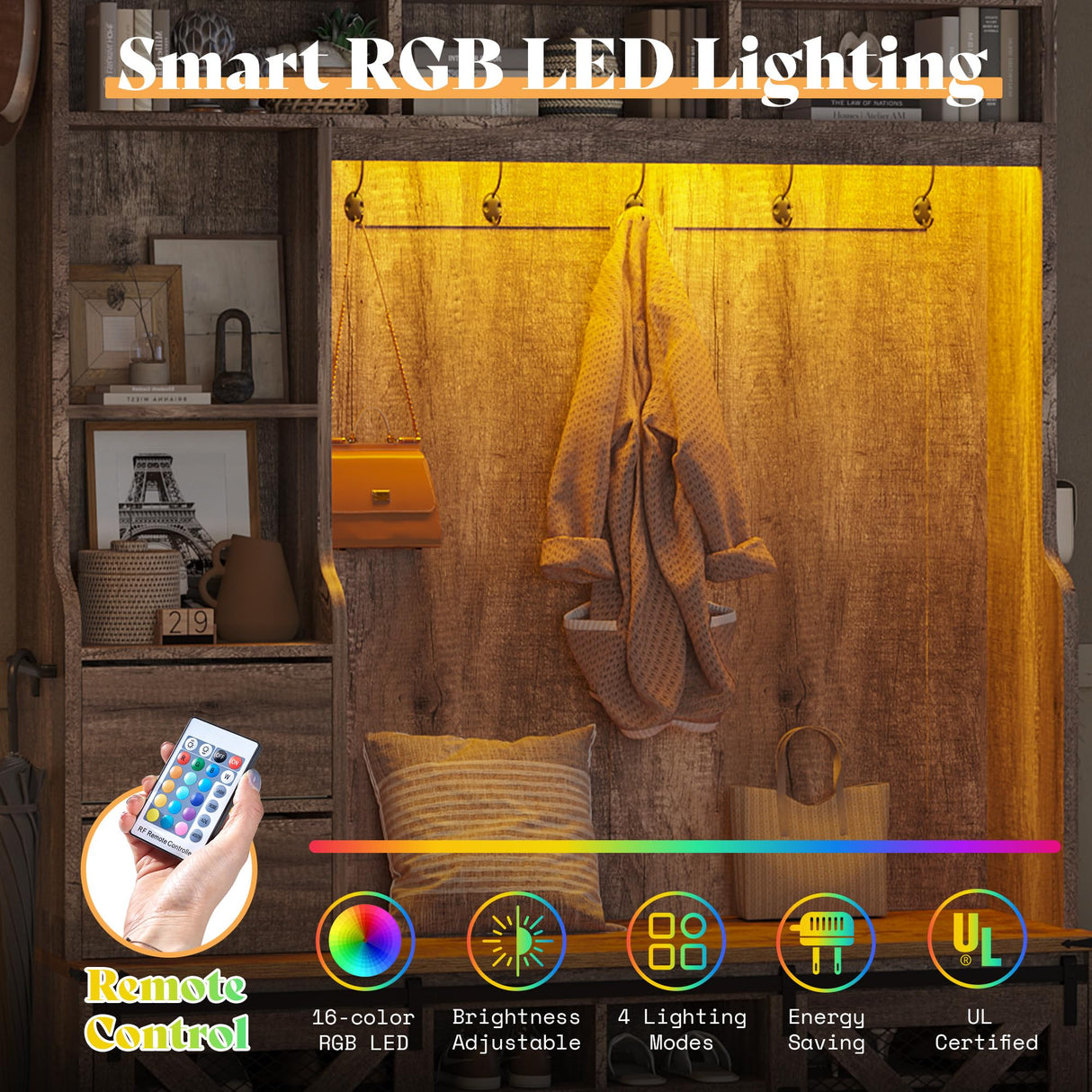 AMERLIFE 7-in-1 Farmhouse Hall Tree with Bench and Shoe Cabinet, LED Entryway Organizer with Drawers,12 Shoe Cubbies & Barn Doors, 7 Coat Racks with Shoe Storage, Rustic Gray AMERLIFE