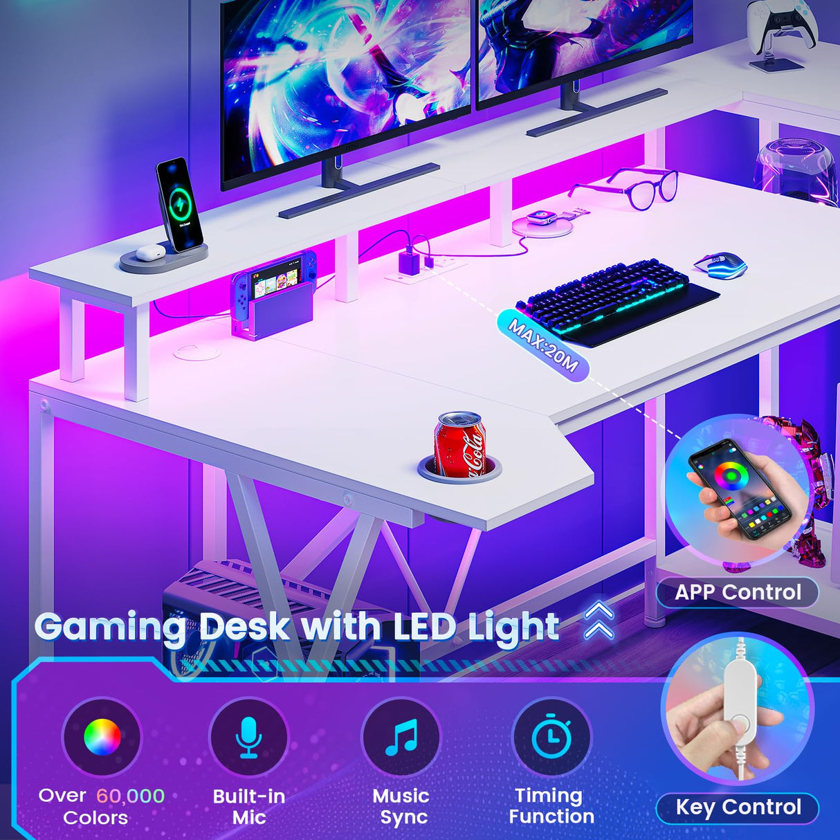 SEDETA White Gaming Desk 55'' with LED Lights and Storage Shelves, Computer Desk with Monitor Stand, Power Outlets and Cup Holder, Large PC Gamer Desk, Gaming Table for Bedroom, Living Room SEDETA
