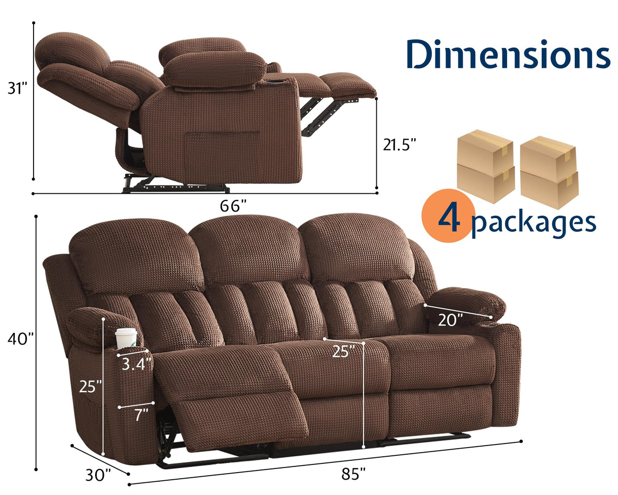 Jocisland Recliner Couch, Reclining Sofa with Cup Holders, 3 Seater Reclining Couch with Dual Wingback, Comfy Recliner Sofas for Living Room(Brown) Jocisland