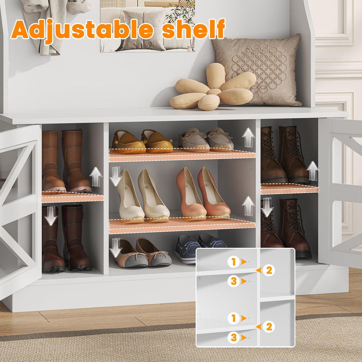 Semoic Farmhouse Hall Tree with Bench and Shoe Storage, 7-in-1 Entryway Storage Bench with 8 Coat Racks, Shoe Rack with 7 Shoe Cubbies & Mirror & LED Light, Mudroom/Hallway Storages, White Semoic