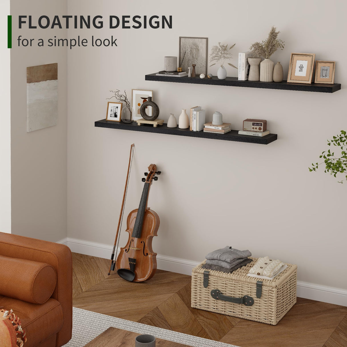 Marsmiles Black Floating Shelves, 48 Inch Wall Shelf Set of 2, Rustic Wood Shelves for Storage, Fireplace Mantel, Mounted Wooden Display Bathroom Bedroom Kitchen Garage, Distressed Black Marsmiles