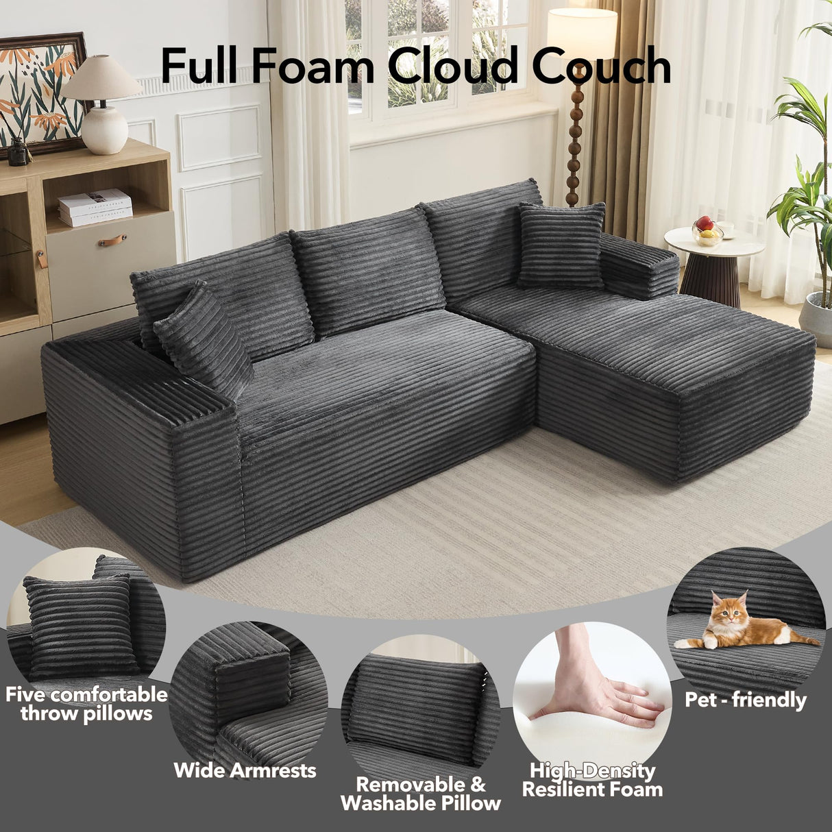 108" Cloud Sectional Couch with L-Shape Chaise, Modern Modular Sofa with Deep Seat, Boneless Cloud Couches for Living Room Bedroom, No Assembly Required, Plush Corduroy (Dark Gray, Right Facing Chaise ElfinAura