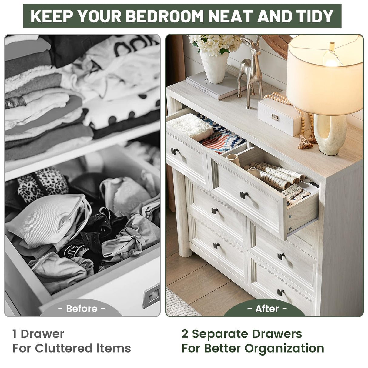 Standifurno Farmhouse 8 Drawers Dresser for Bedroom, 41" Tall Rustic Wood Chest of Drawers with Natural Texture, Metal Handle, White Storage Closet Dressers Organizer for Bedroom, Living Room, Hallway Standifurno