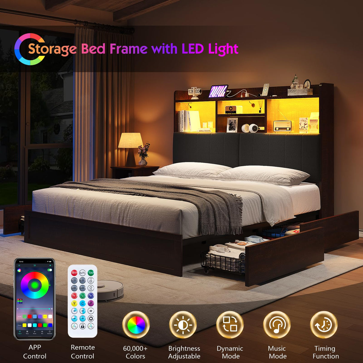 LUXOAK Full Farmhouse Bed Frame with Bookcase Headboard and 4 Drawers, LED Storage Bed with Charging Station & Linen Upholstered, No Box Spring Needed, Reclaimed Barnwood LUXOAK