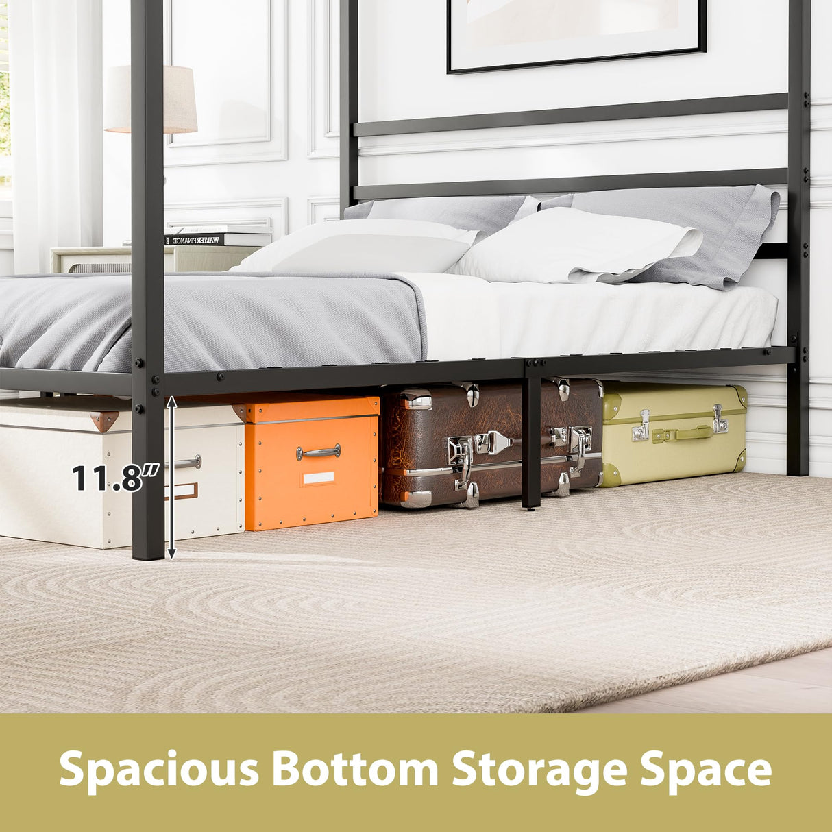 Nouva 14 Inch Metal Canopy Bed Frame Queen Size - Heavy Duty Metal Four Posters Bed Platform w/Headboard No Box Spring Needed, Slat Mattress Support,Noise Free, Black Nouva