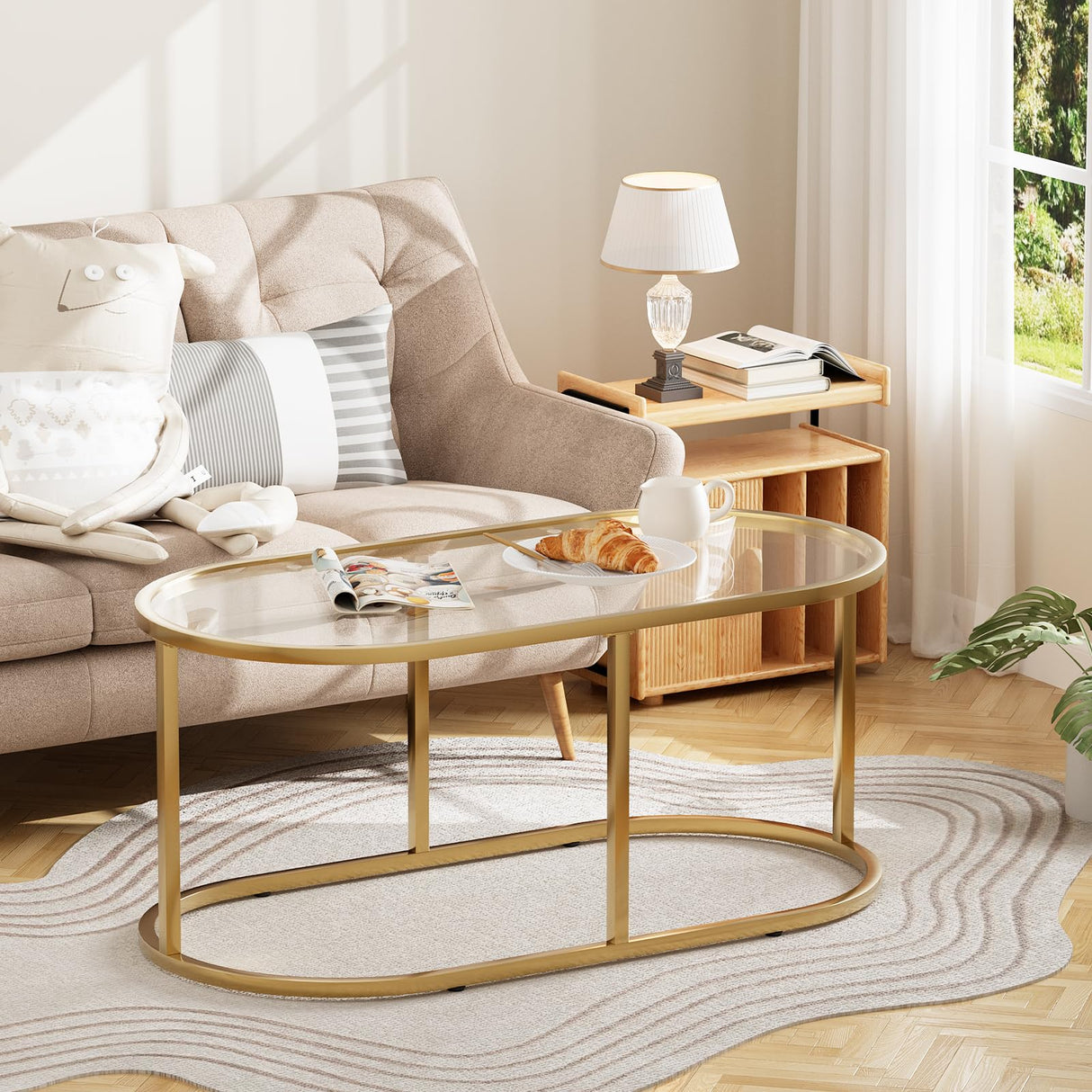 Coffee Table Gold Glass Coffee Tables for Living Room, Oval Table Center Table with Sturdy Metal Frame,Modern Tempered Glass Accent Tables for Bedroom Home Office Wolawu