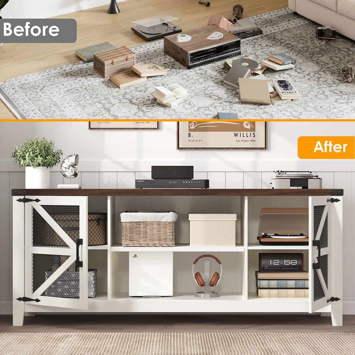 TV Stand for 65 Inch TV, Farmhouse Entertainment Center with Storage and Shelves, Industrial TV Stand with Mesh Door, White TV Media Console Cabinet Furniture for Living Room, Bedroom (White, 58 Inch) Jocoevol