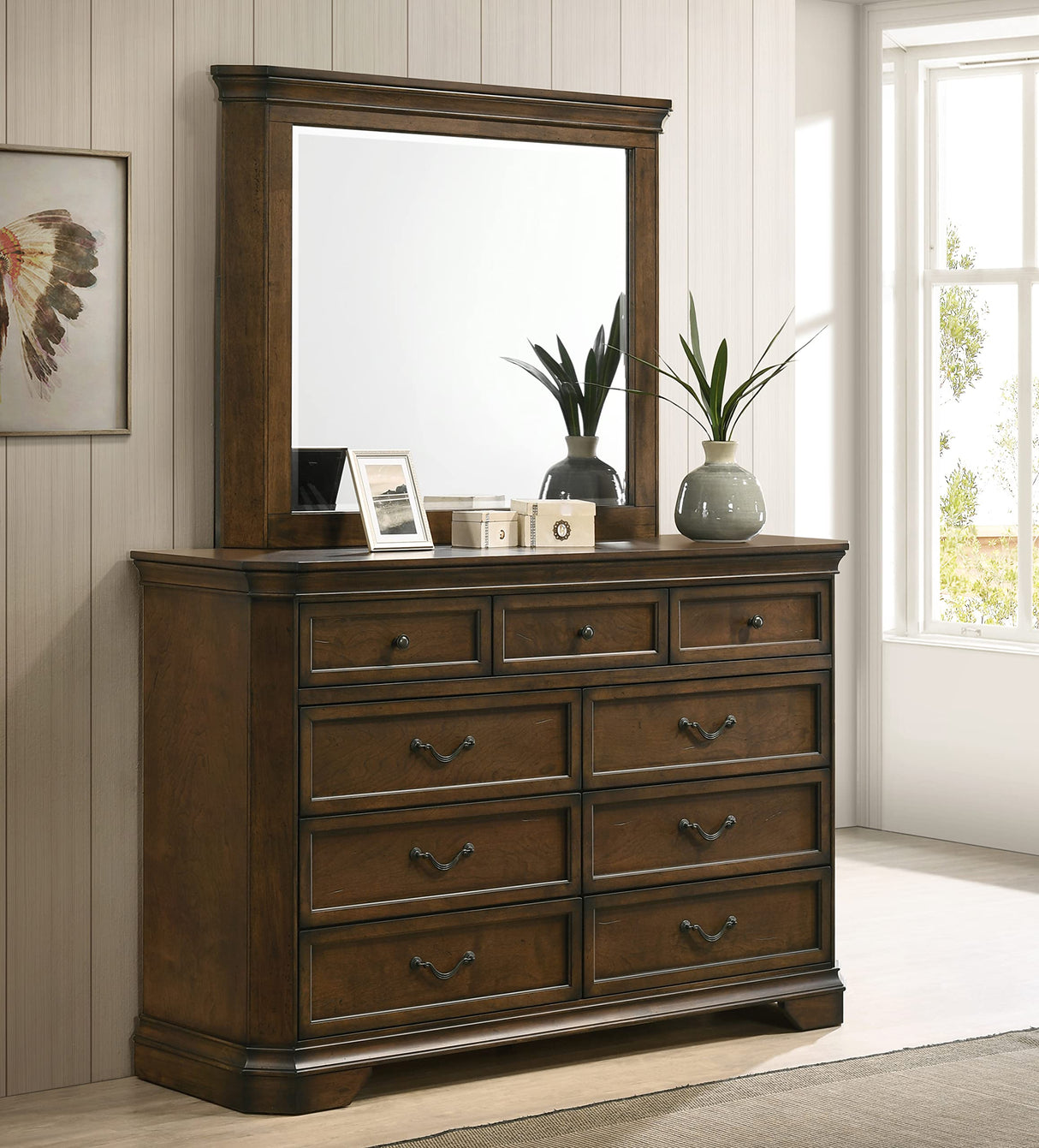 Roundhill Furniture Maderne Traditional Wood Panel Bed with Dresser, Mirror, Two Nightstands, Chest, Queen, Antique Walnut Roundhill Furniture