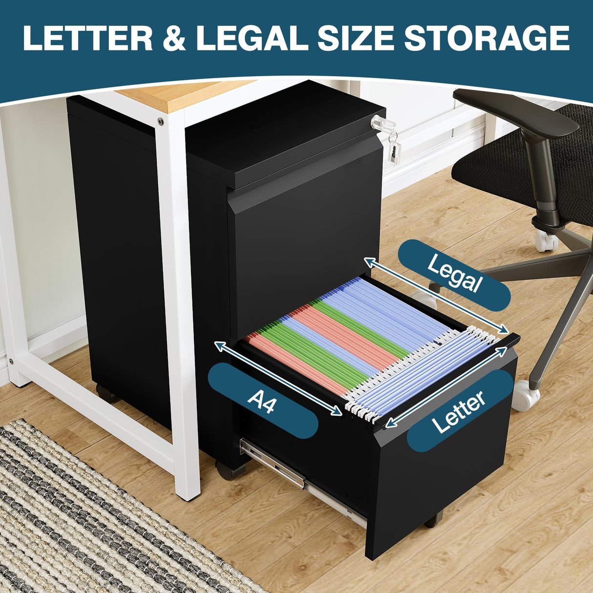 MIIIKO 2 Drawer File Cabinet on Wheels, Home Office Mobile File Drawers Under Desk, Filing Cabinets with Drawers for Legal/Letter/A4 File Folders(Black),Un-Assembled MIIIKO