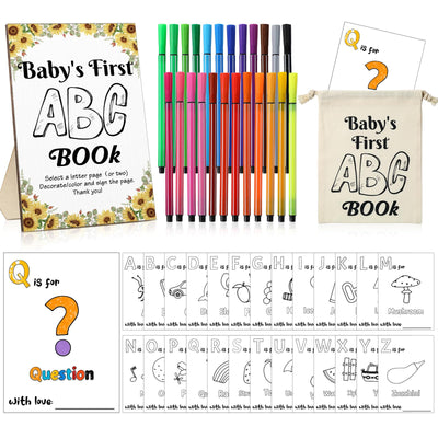 Geelin 51 Pcs Fun Shower Kit Shower Activities Favors Decorations First Abc Book Sign 26 Alphabet a to Z Coloring Card with 24 Watercolor Storage Bag for Party(Sunflower)