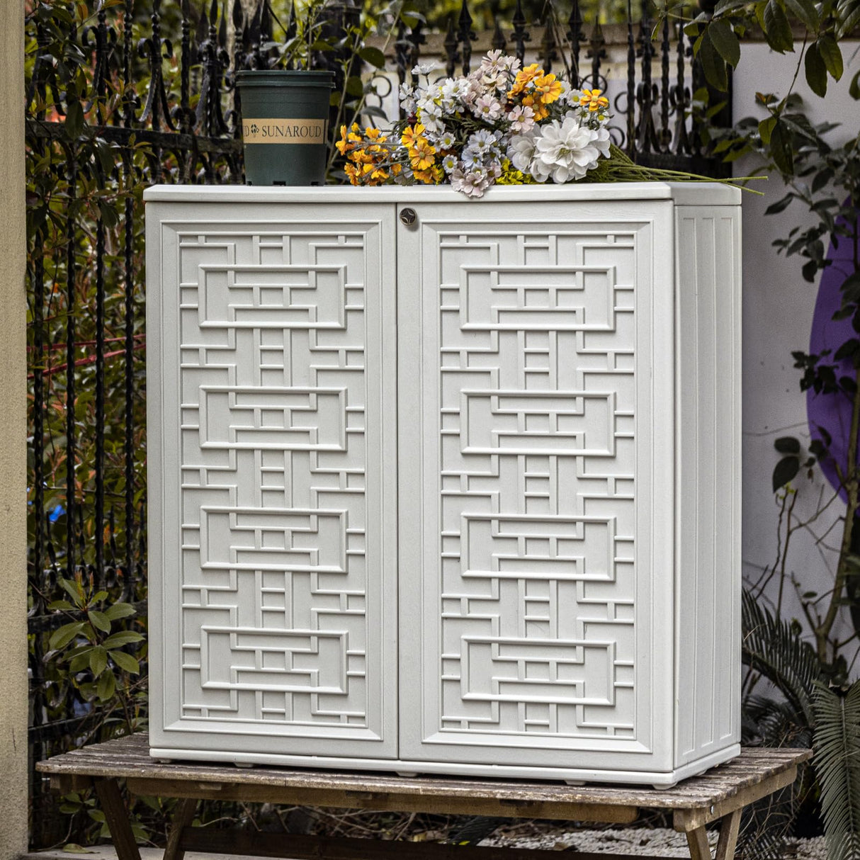 Mrosaa Indoor Outdoor Storage Cabinet Waterproof with Shelf, Off White Plastic Outdoor Cabinets for Patio/Garden/Backyard, Size 34.3''L*15''W*36.2''H Mrosaa