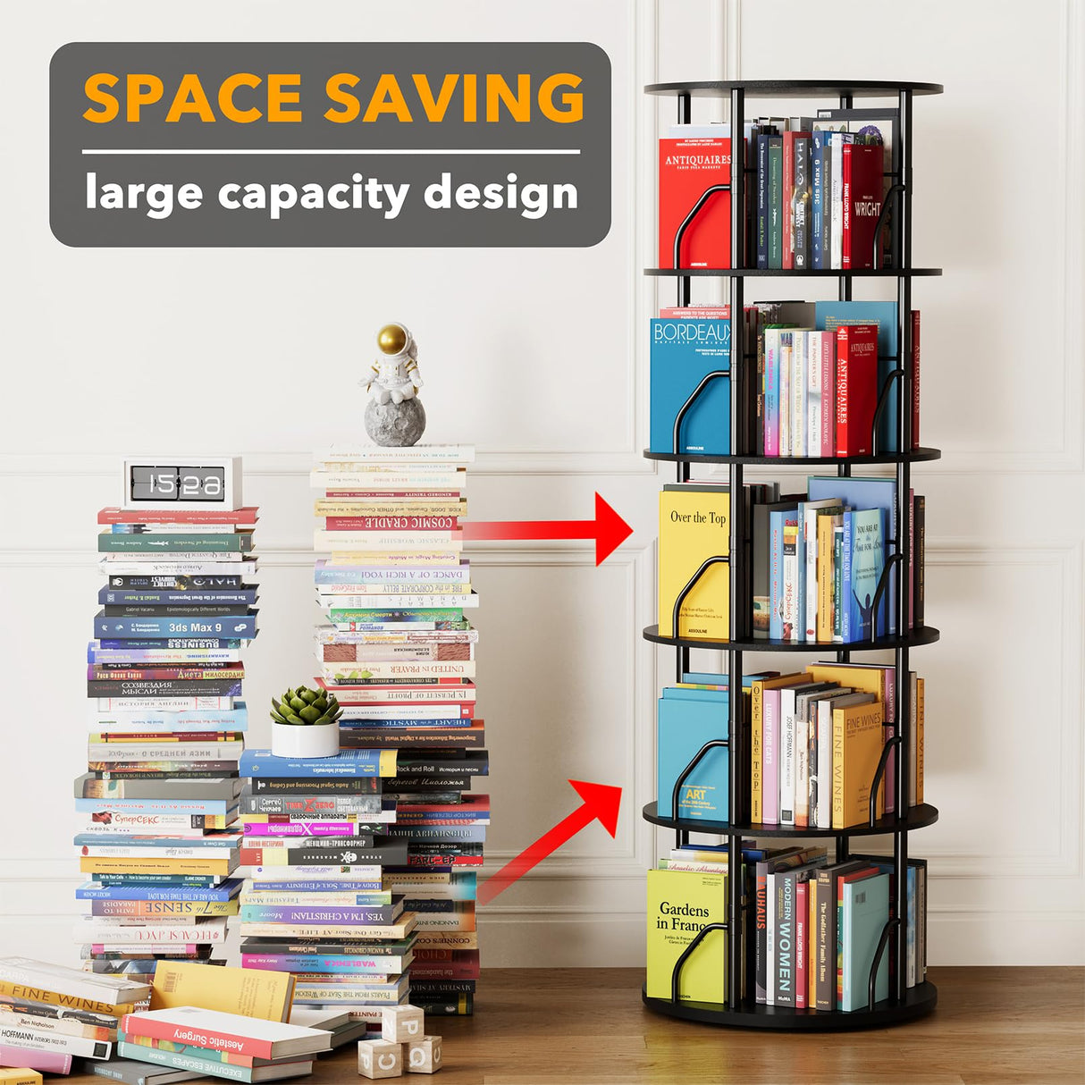 SpaceAid 5 Tier Rotating Bookshelf Tower, 360 Display Stackable Spinning Bookcase, Space Saving Revolving Round Book Shelf, Floor Standing Swivel Corner Organizer, Black SpaceAid