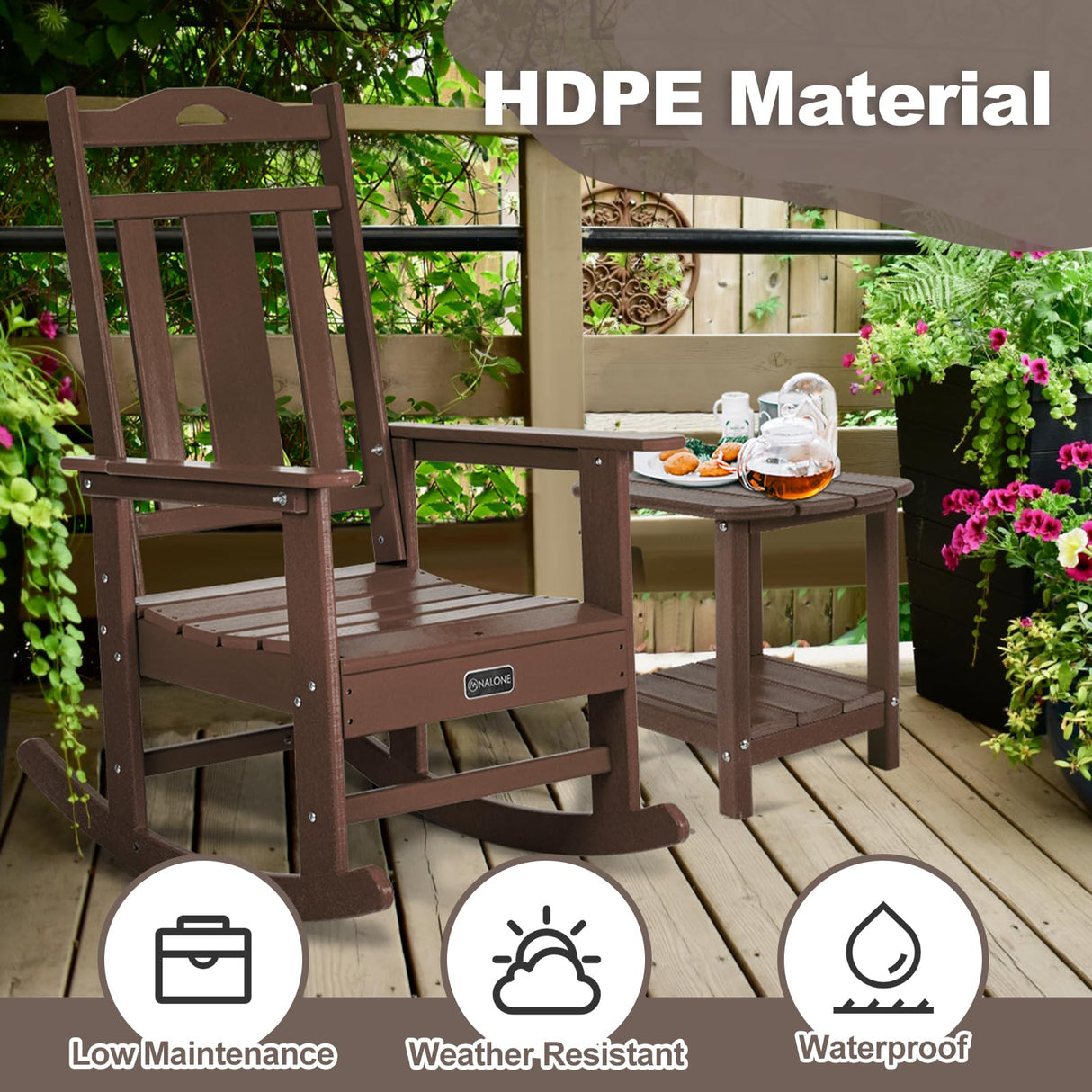 nalone Outdoor Rocking Chairs Set of 2, Oversized Porch Rocker Chair for Adult, All-Weather Resistant Patio Rocking Chair for Garden Lawn (Brown) nalone