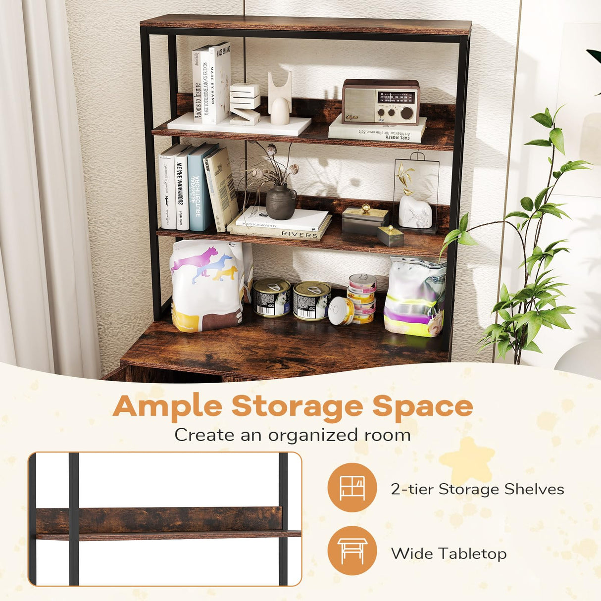 PETSITE Cat Litter Box Enclosure with Storage, 57 Inch Tall Hidden Litter Box with 2-Tier Shelves, Removable Scratching Pad, and Winding Entry, Solid Metal Framed (Rustic Brown) PETSITE