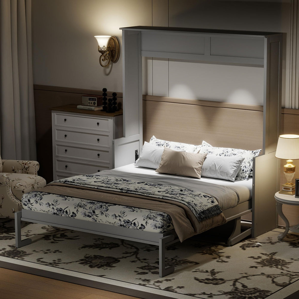 Queen Size Murphy Bed with Desk and Lights, Wood Wall Murphy Bed, Can be Folded Platform Bed with USB Charging Station for Guest Room Home Office (Gray-8.6) XD Designs