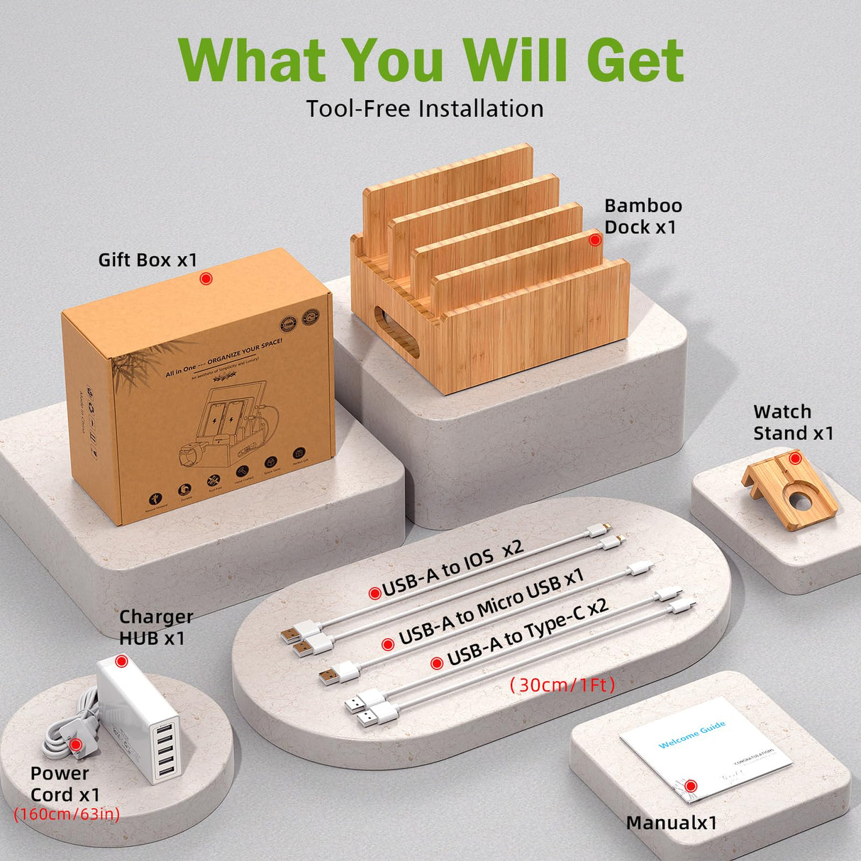 Pezin & Hulin Bamboo Charging Stations, Cell Phone Organizer for Multiple Devices, Tablets, Smart Watch, Included 5 Port USB Charger, Pack 5 Cables Pezin & Hulin