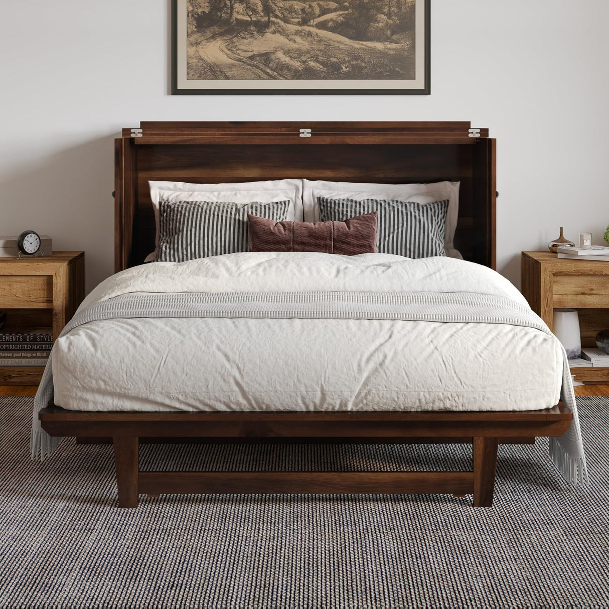 AFI, Alpine Queen Wood Murphy Bed Chest with 6" Mattress, Storage Drawer & Built-in USB Charger, Barnwood AFI