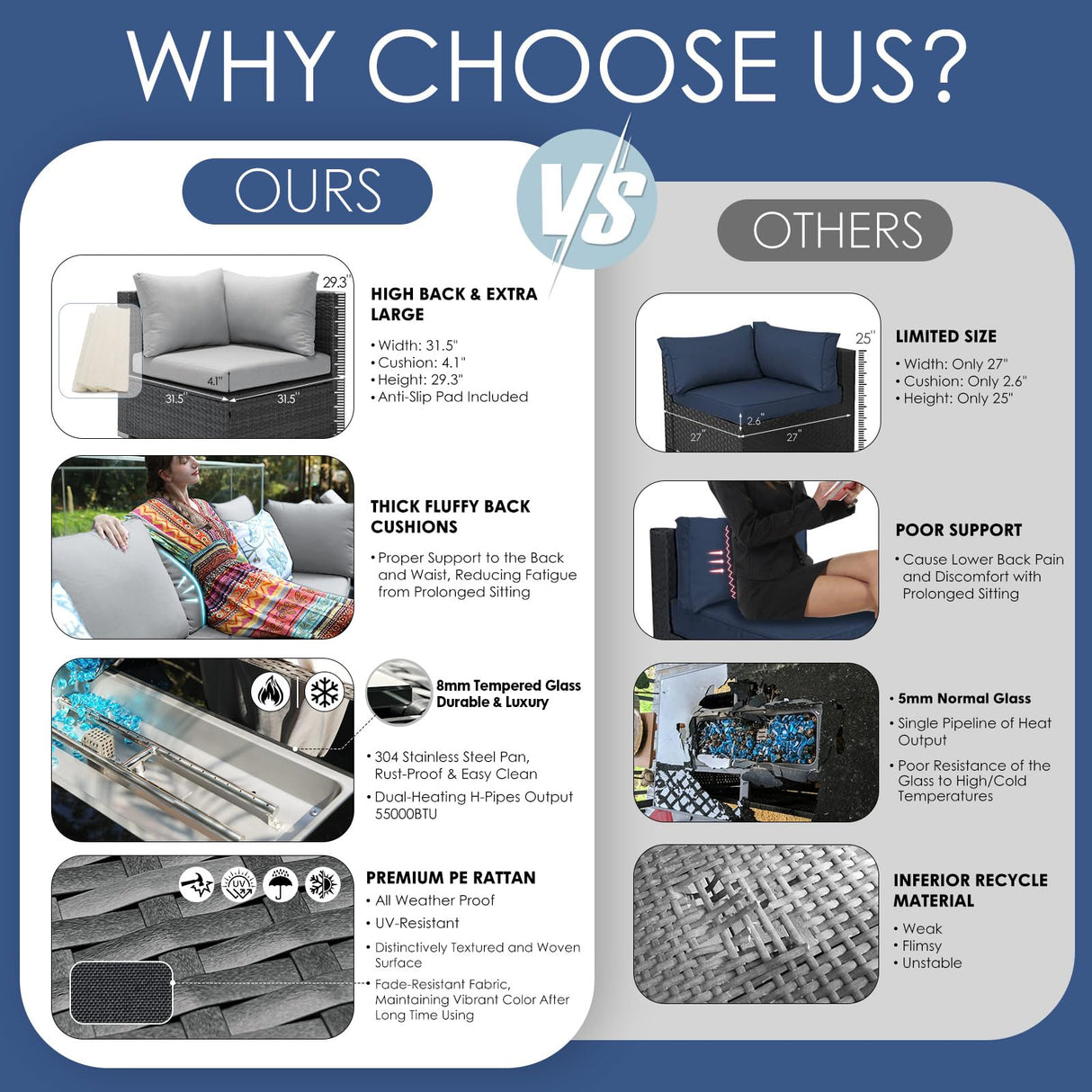 NICESOUL® 29.3'' High Back Plus Size Rattan Outdoor Patio Furniture Sectional Sofa Sets with Natual Gas/Propane Fire Pit Table, Outdoor Wicker Conversation Couch Sets Grey 9 Piece NICESOUL