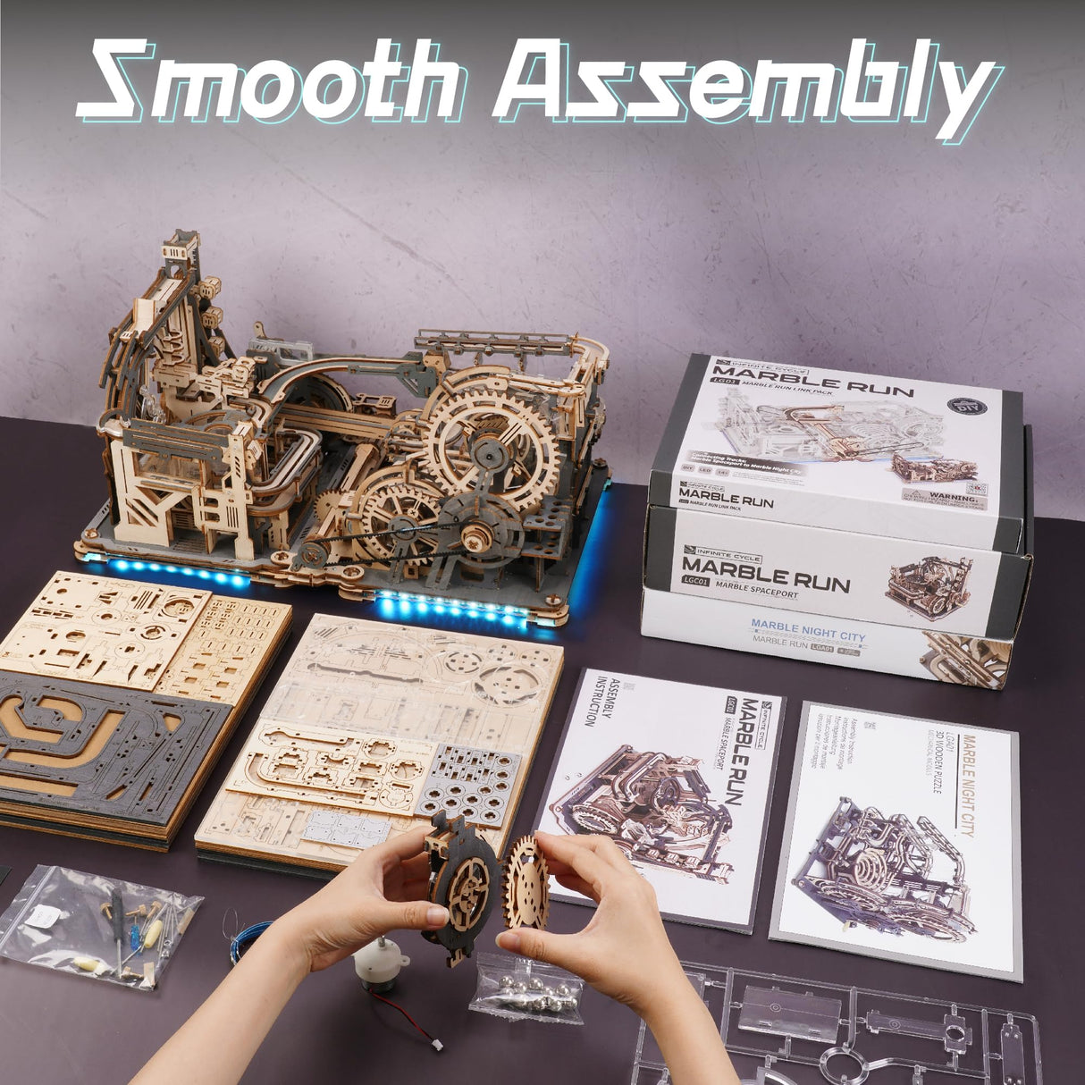 ROBOTIME 3D Puzzle - Combination Set Marble Tracks - Motorized Marble Spaceport LGC01+Marble Night City LGA01+Link Pack LG01 - Engineering Gift Choice ROBOTIME