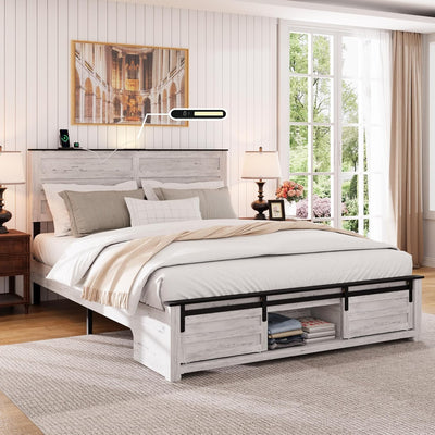 Queen Bed Frame with Storage Headboard, Metal Platform Bed Frame with 3 Storage Compartments, Built-in Charging Station and LED Lights, No Box Spring Required, Noiseless, Easy Assembly,Antique White