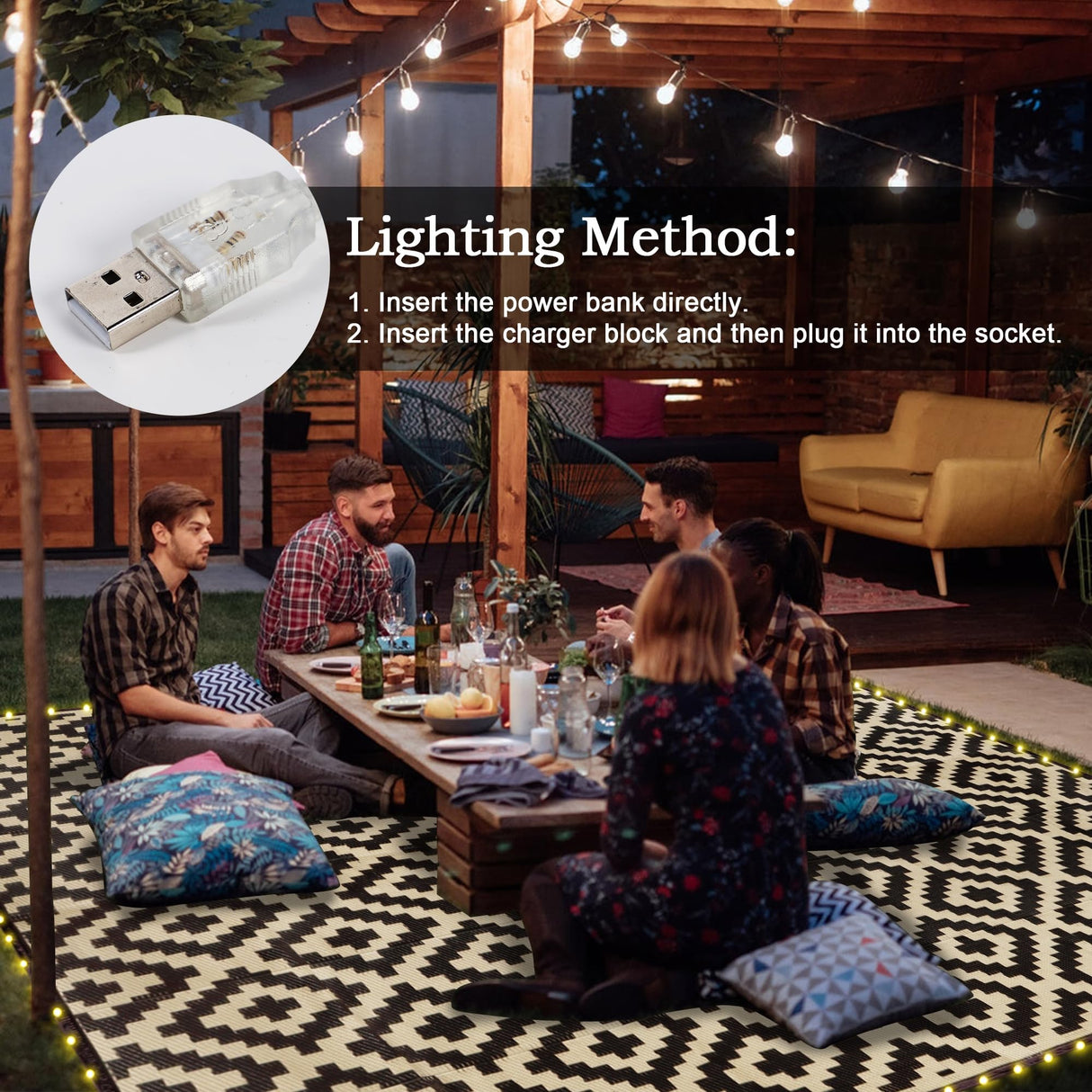 SAND MINE Reversible Mats with Led Strip Lights, Plastic Straw Rug, Modern Area Rug, Large Floor Mat for Outdoors, Patio, Backyard, Deck, Picnic, Camping, Black & Beige, 8' x 10' SAND MINE